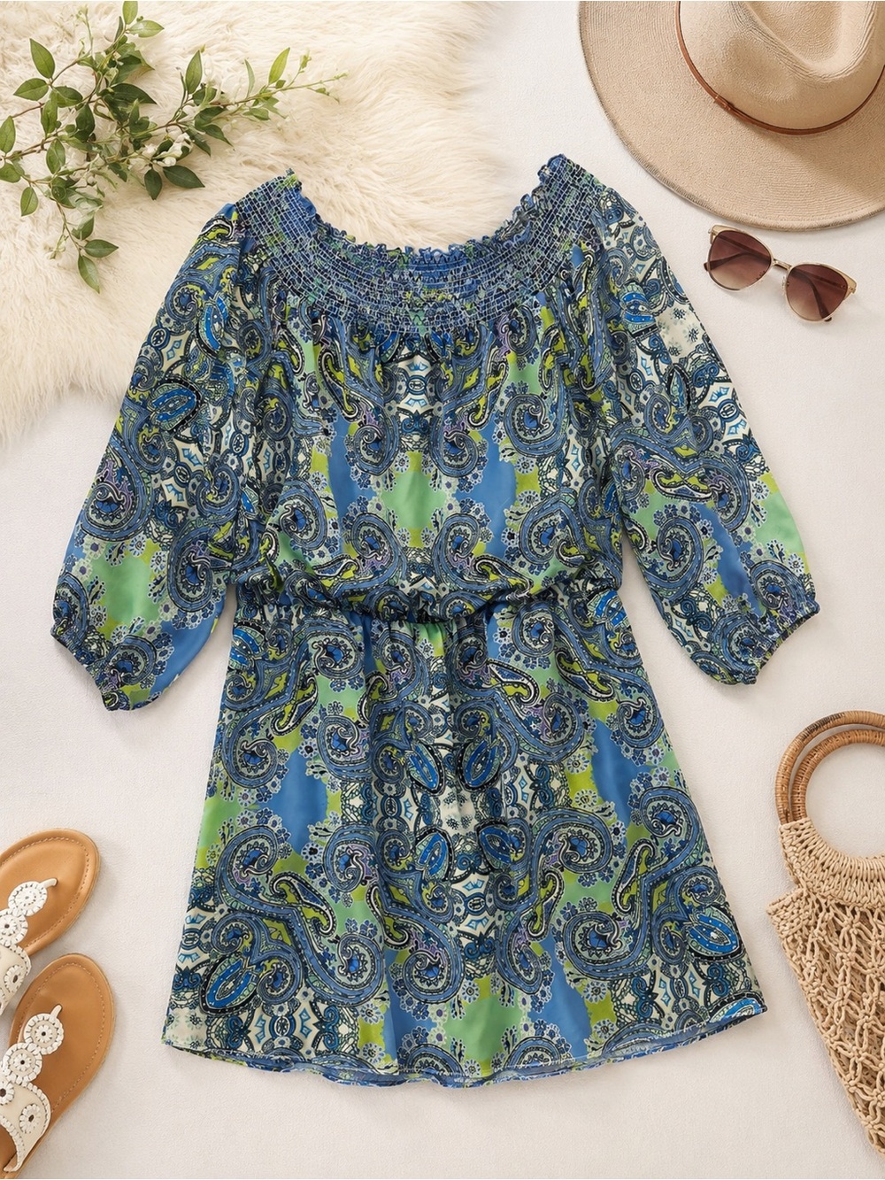 Eliza J Blue Green Paisley Off-Shoulder Dress Size 12